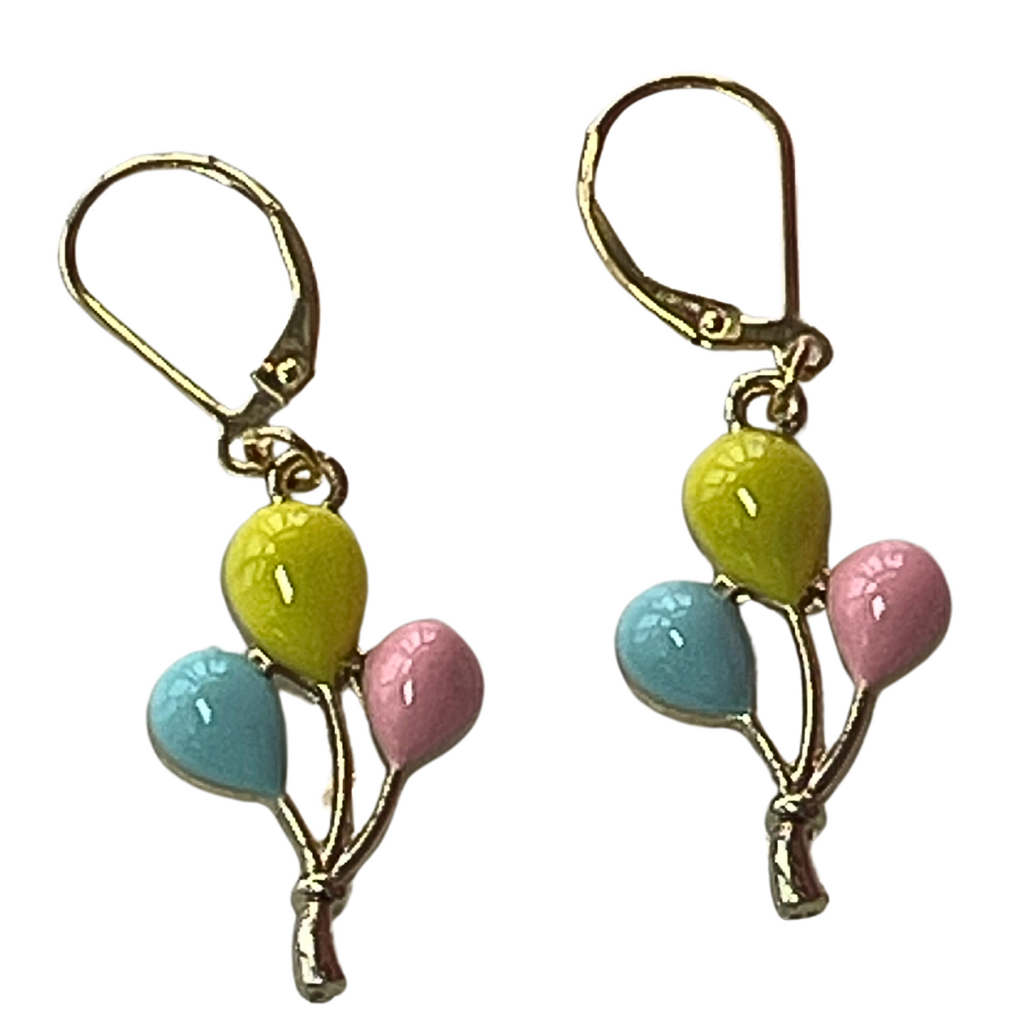 gold lever earrings with three balloons. a yellow balloon. blue balloon. pink balloon. the balloon are all surrounded by 14 karat gold
