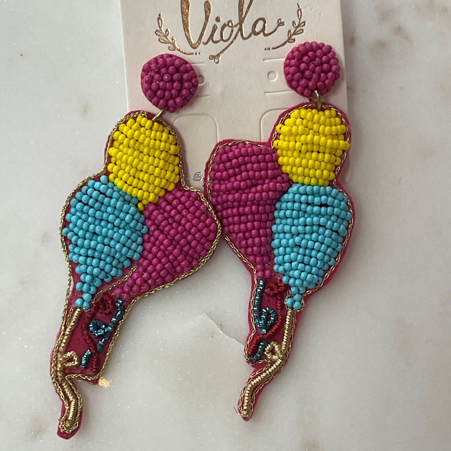 balloon beaded earrings in blue, pink and yellow