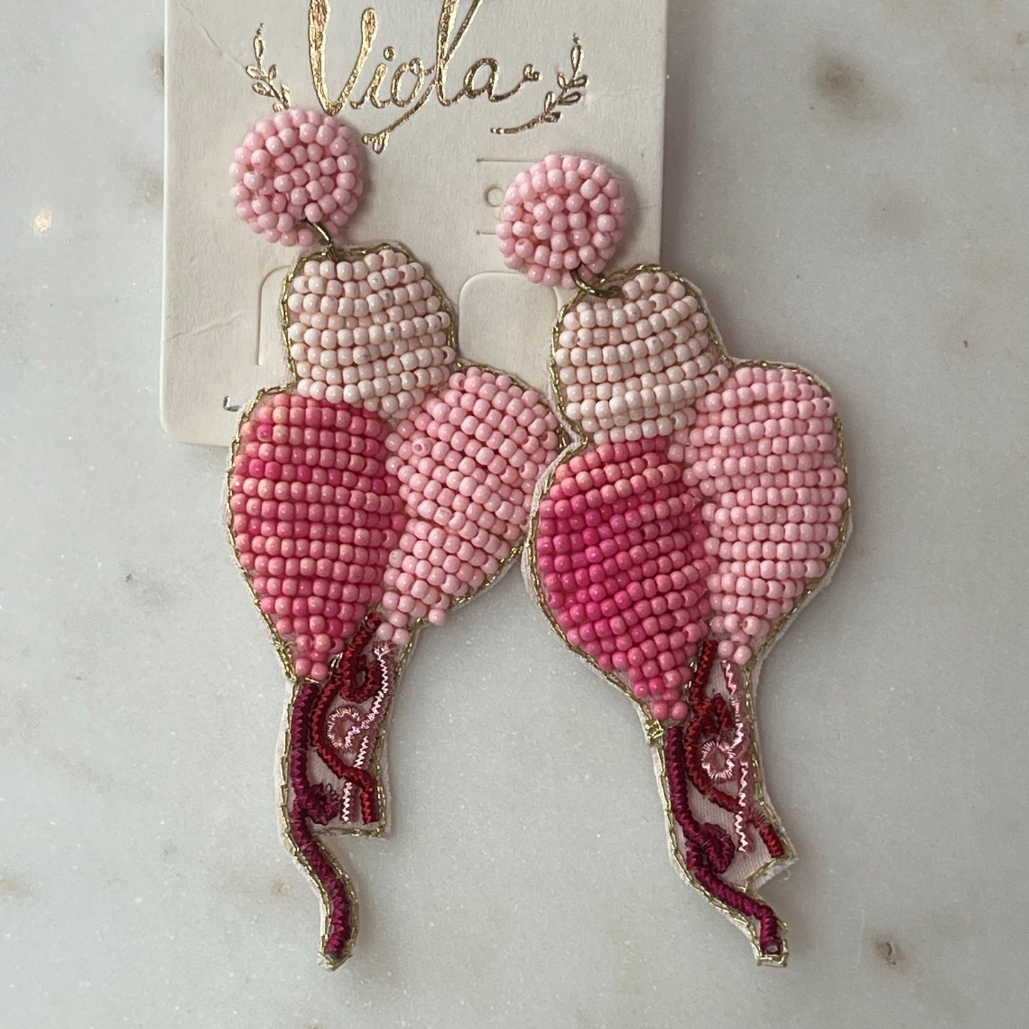 beaded balloon earrings in pink, dark pink and light pink